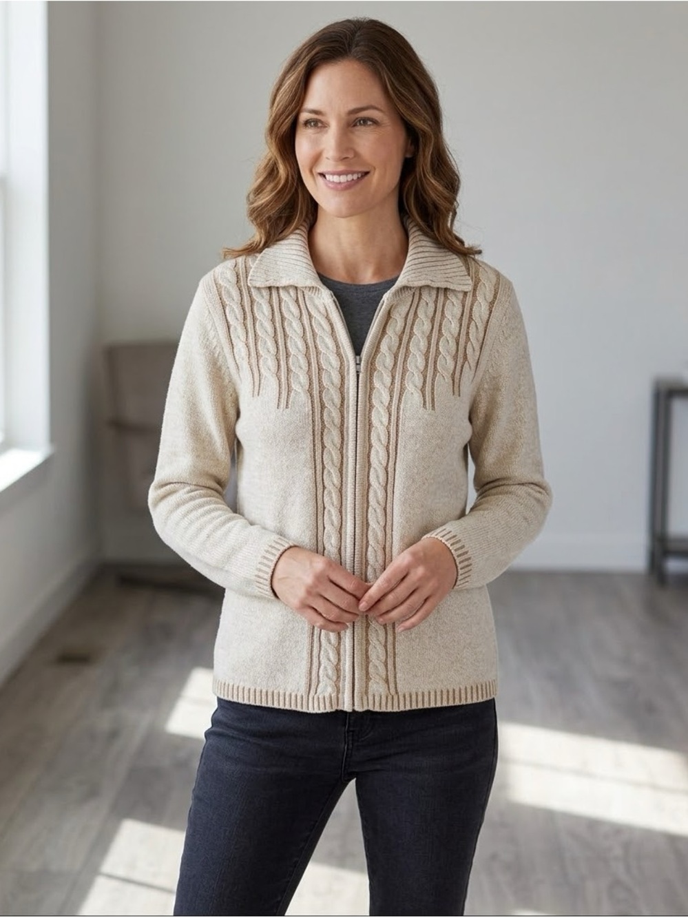 Karen Scott Cream Cable Zip-Front Cardigan Sweater